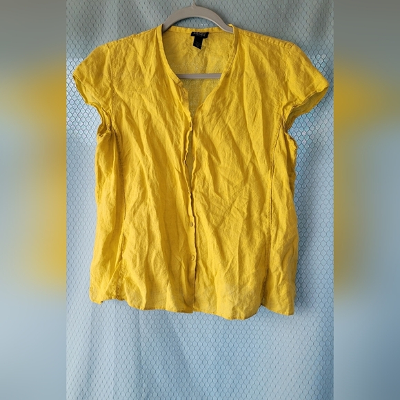 Eileen Fisher Tops - Eileen Fisher Yellow 100% Irish Linen Short Sleeve Button Down Blouse